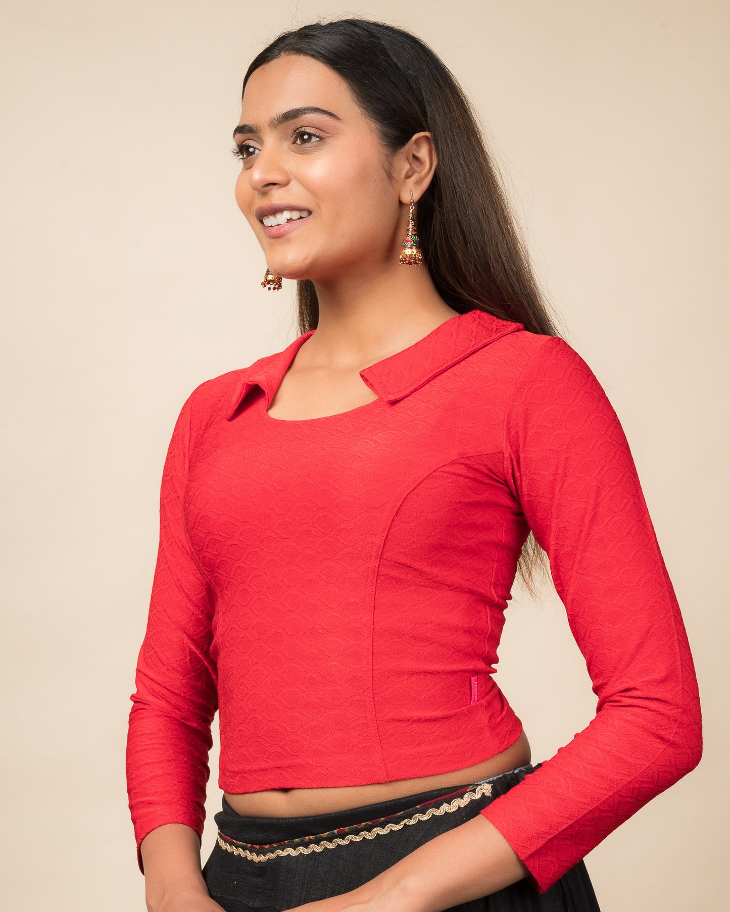 Kullu Winter Collar Jacquard Long Sleeve Stretchable Saree Blouse
