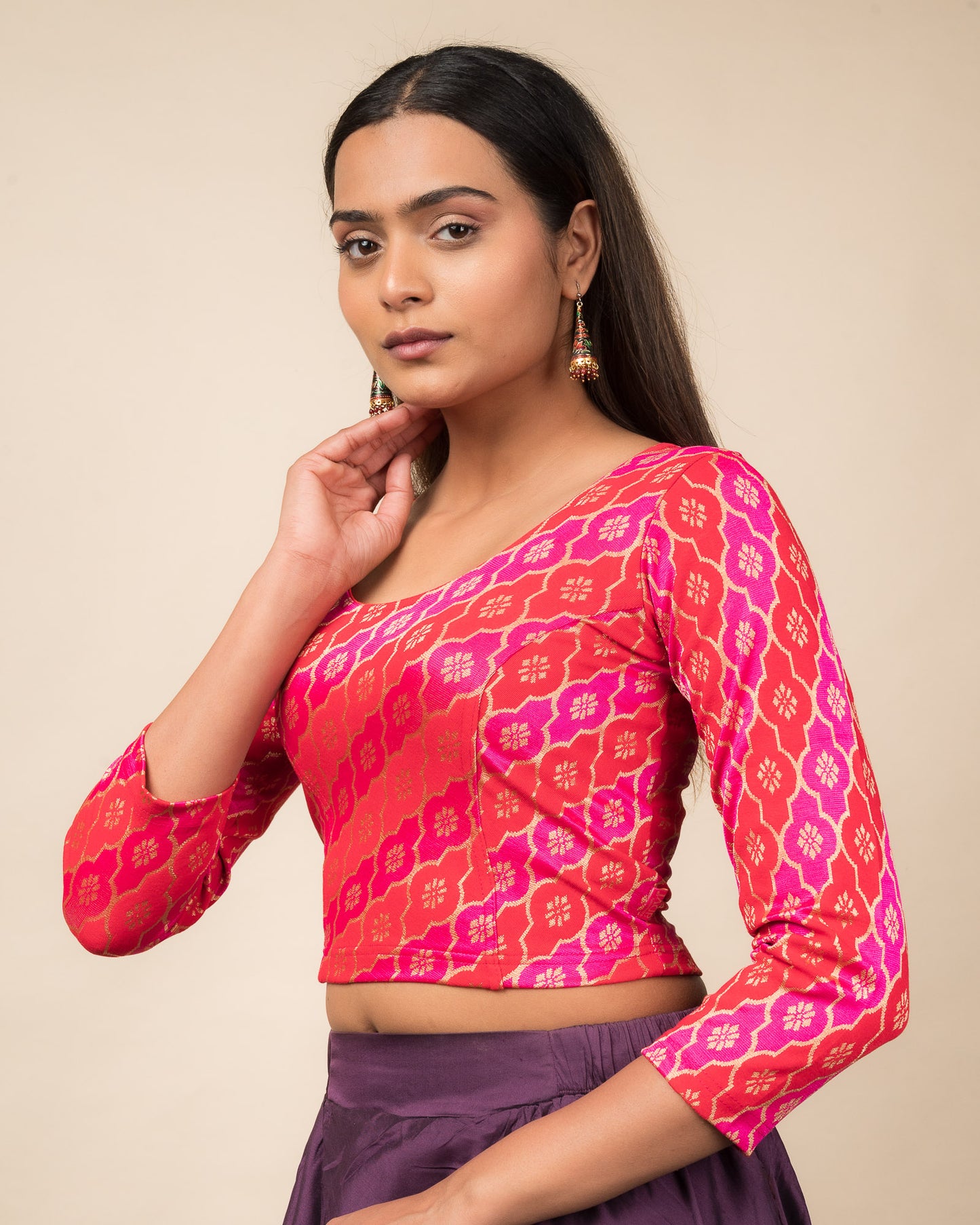 Shillong Winter Multicolour Persian Jaal Long Sleeve Stretchable Saree Blouse