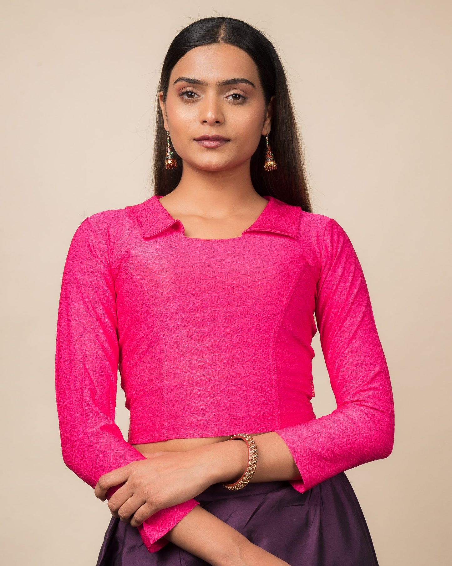 Kullu Winter Collar Jacquard Long Sleeve Stretchable Saree Blouse
