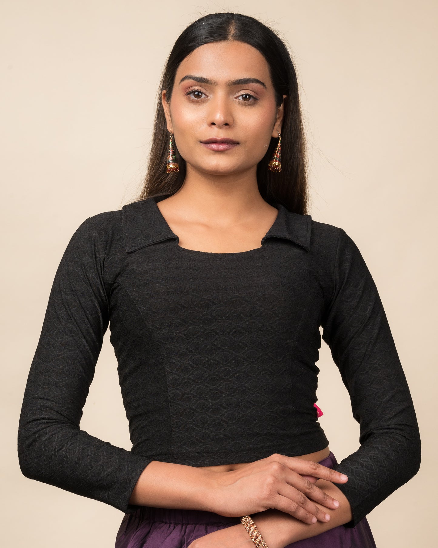 Kullu Winter Collar Jacquard Long Sleeve Stretchable Saree Blouse