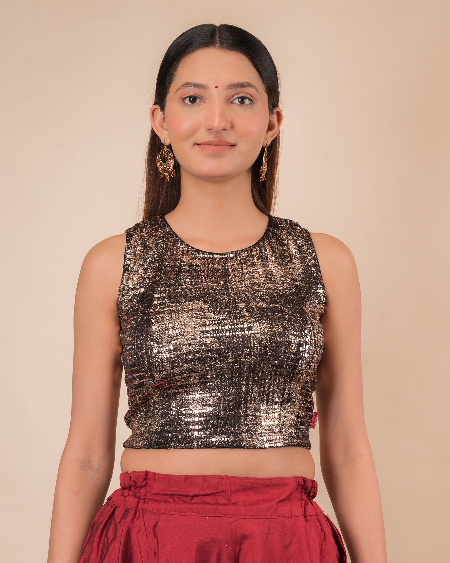 Tira Advi Copper Shimmer Sequin Backless Party Blouse with Stretch Fit