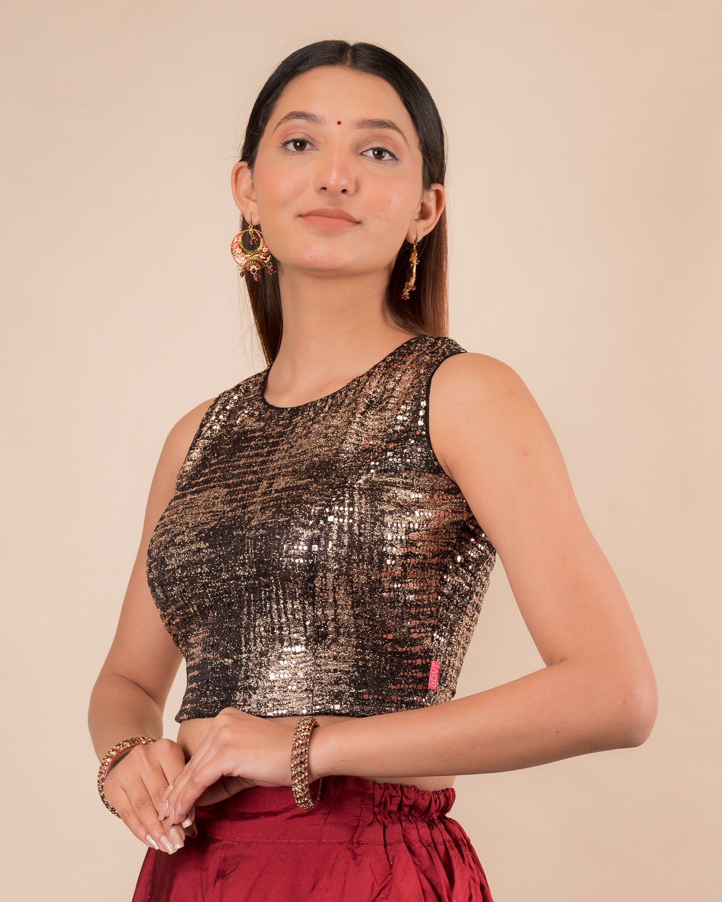 Tira Advi Copper Shimmer Sequin Backless Party Blouse with Stretch Fit