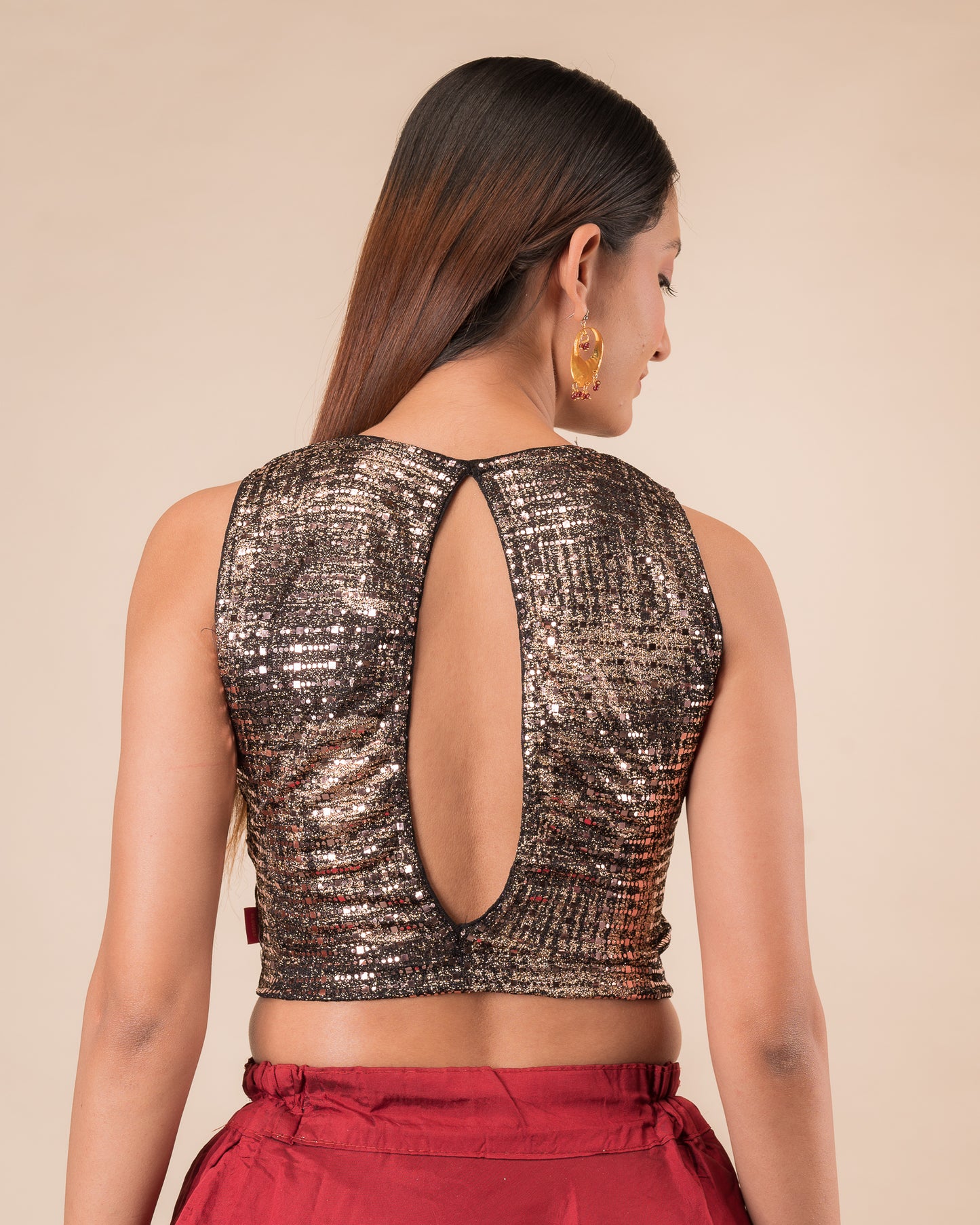 Tira Advi Copper Shimmer Sequin Backless Party Blouse with Stretch Fit
