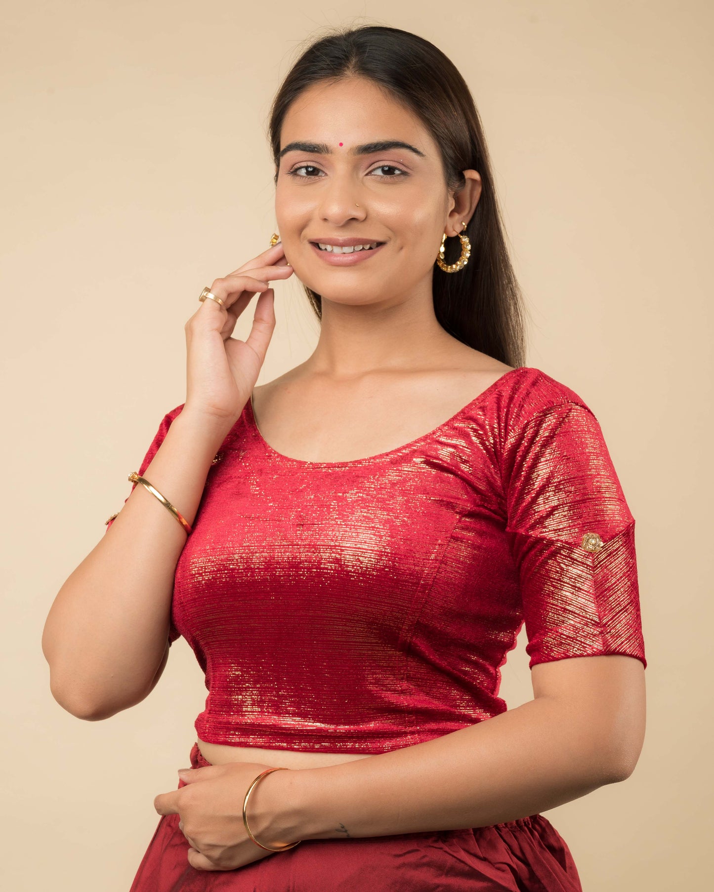 Gold Velvet Stripe with Hand Embroidery Buti Stretchable Slip on Blouse