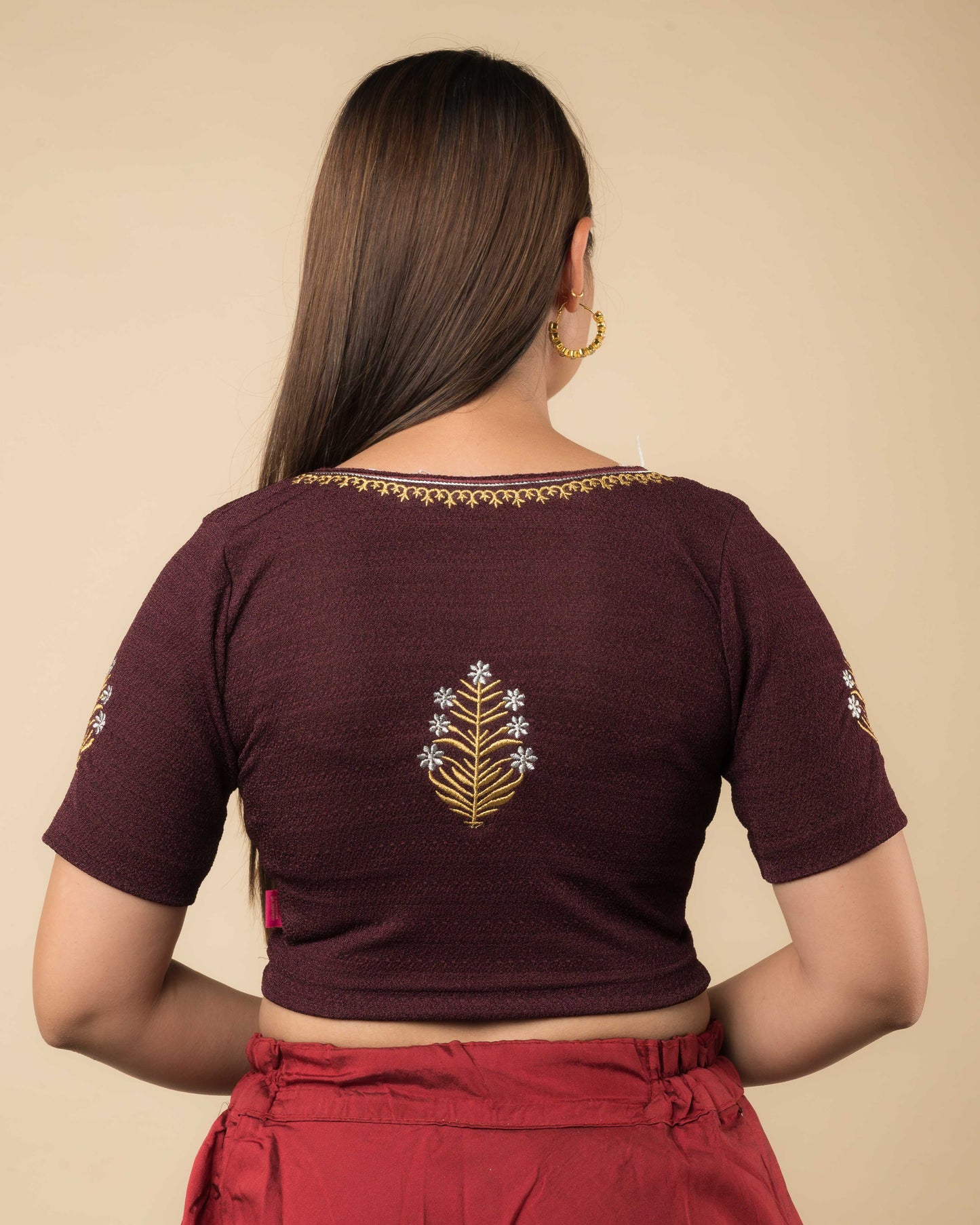 Tia Wine Velvet Buti Embroidery Saree Blouse | Stretchable & Stylish