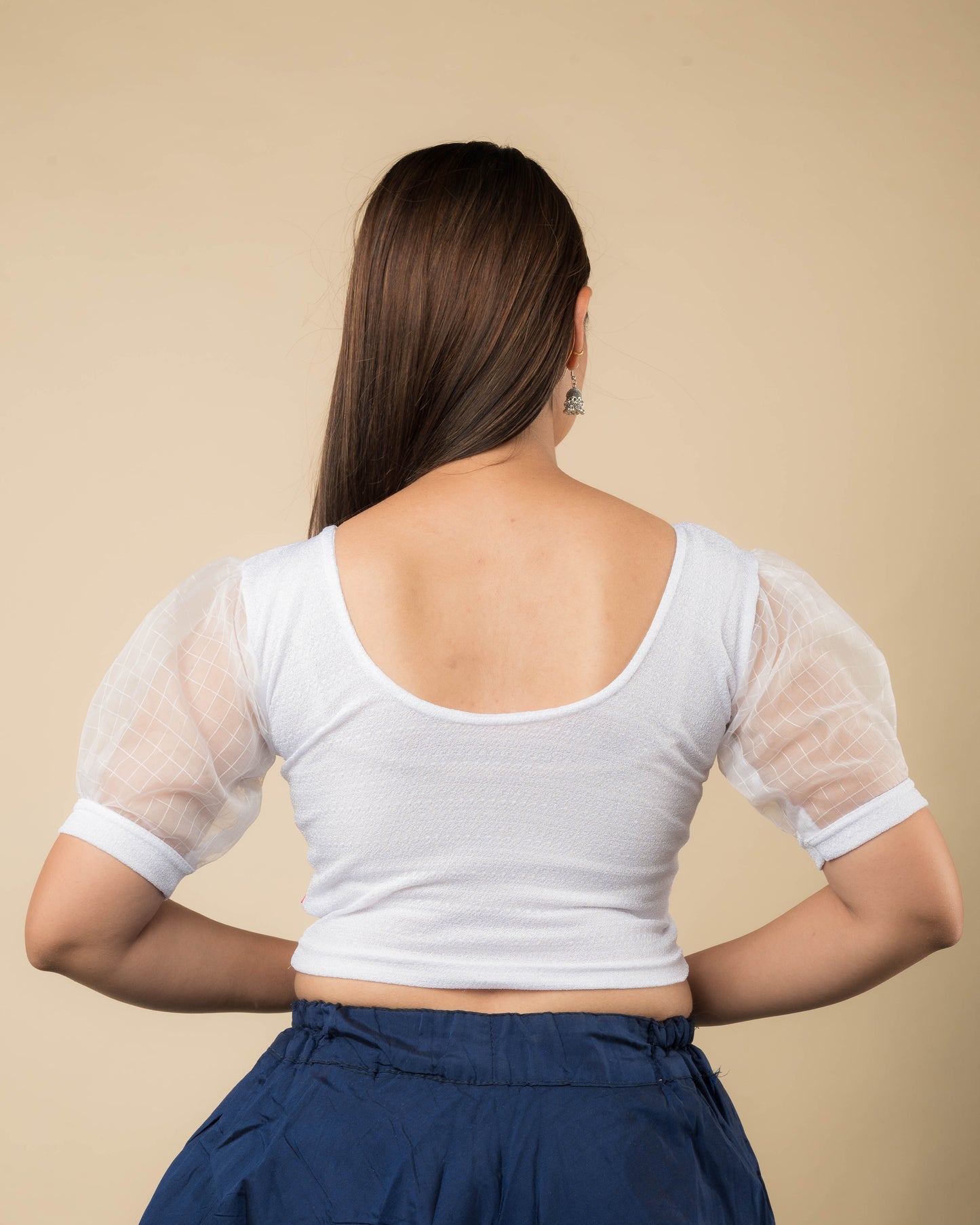 Madhubala Advi White Organza Puff Sleeve Stretchable Chic Slip On Blouse
