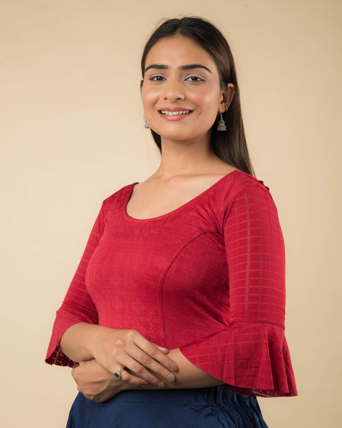 Reet Maroon Ruffle Neck Stretchable Slip on Blouse