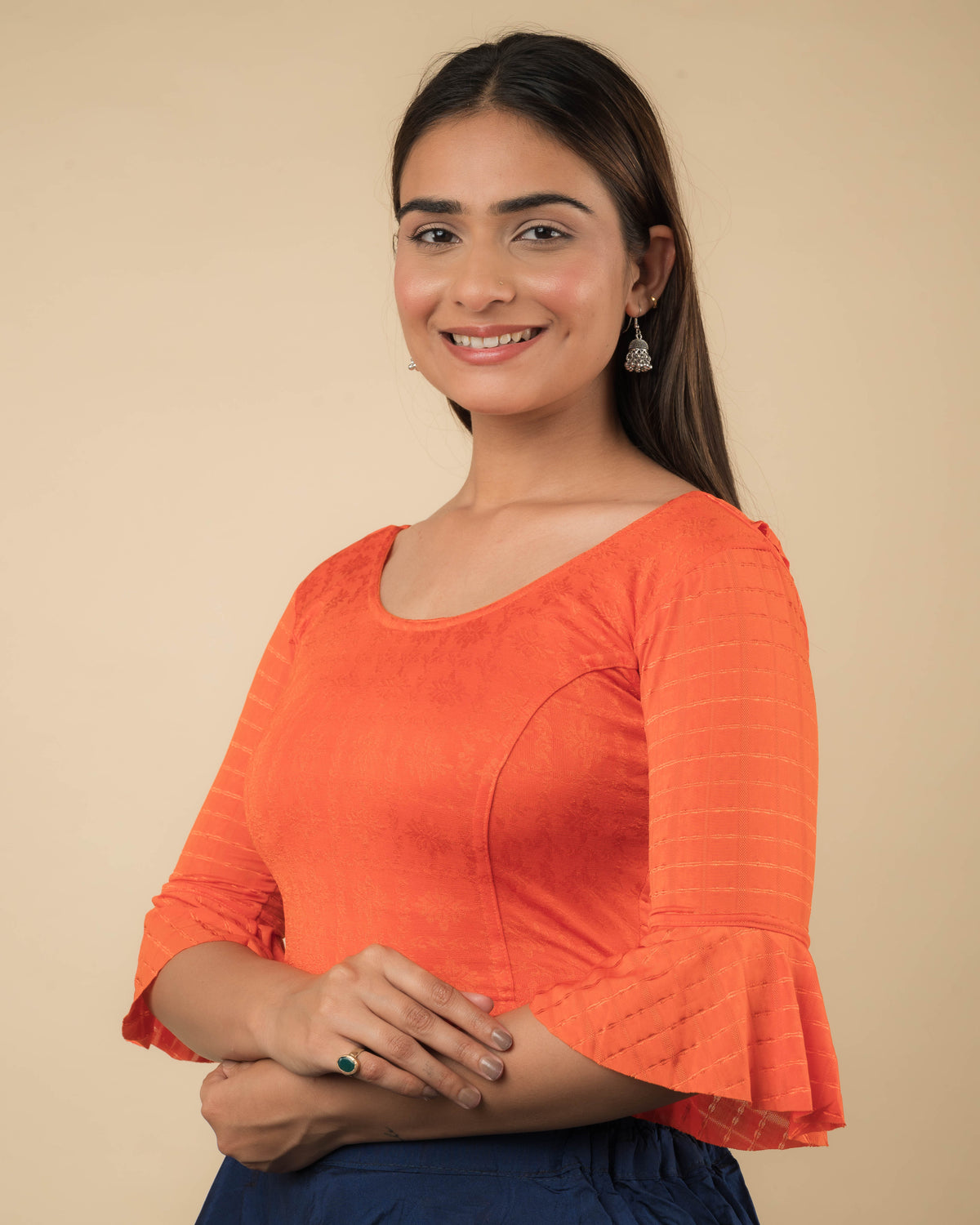 Reet Orange Ruffle Neck Stretchable Slip on Blouse