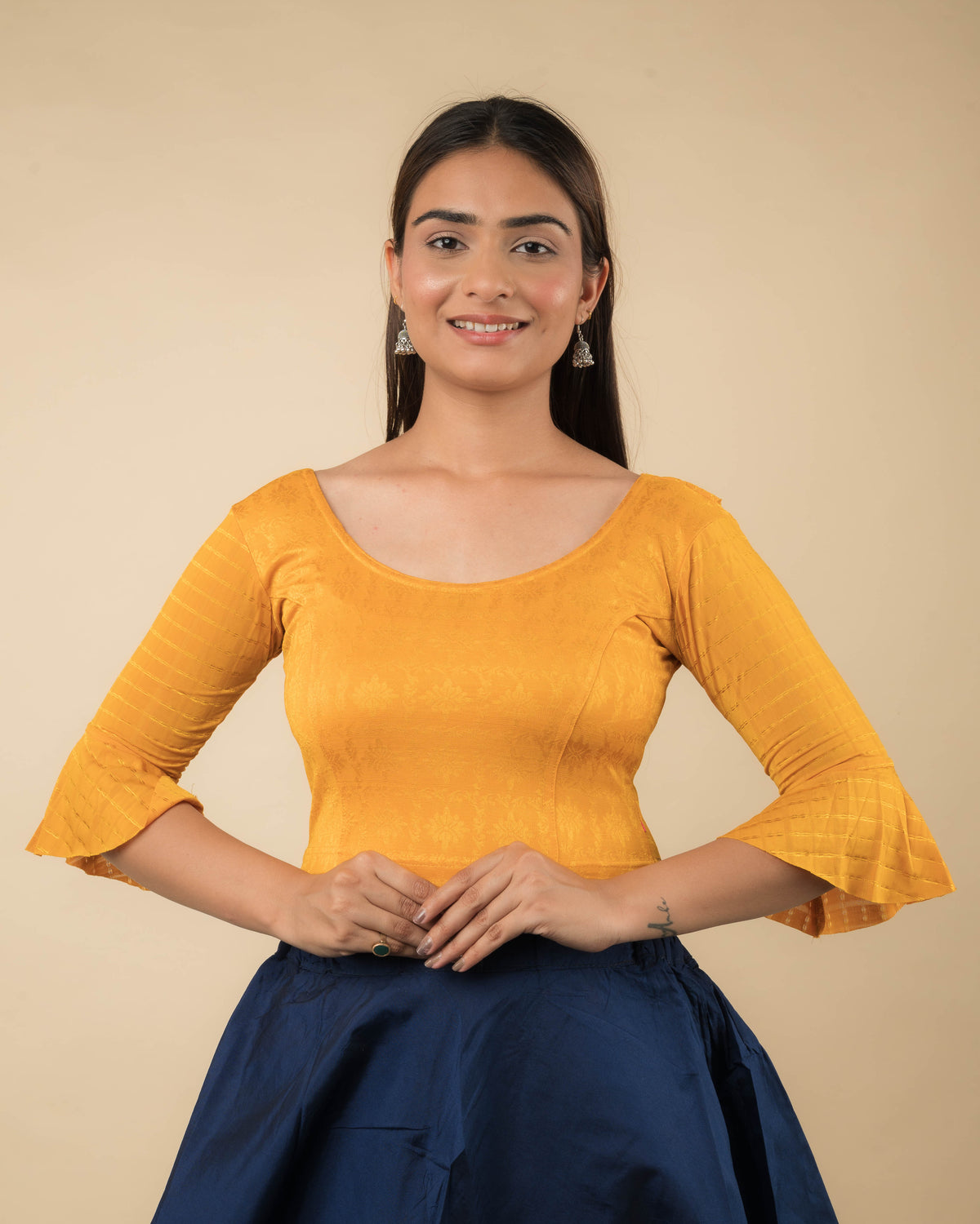 Reet Mustard Ruffle Neck Stretchable Slip on Blouse