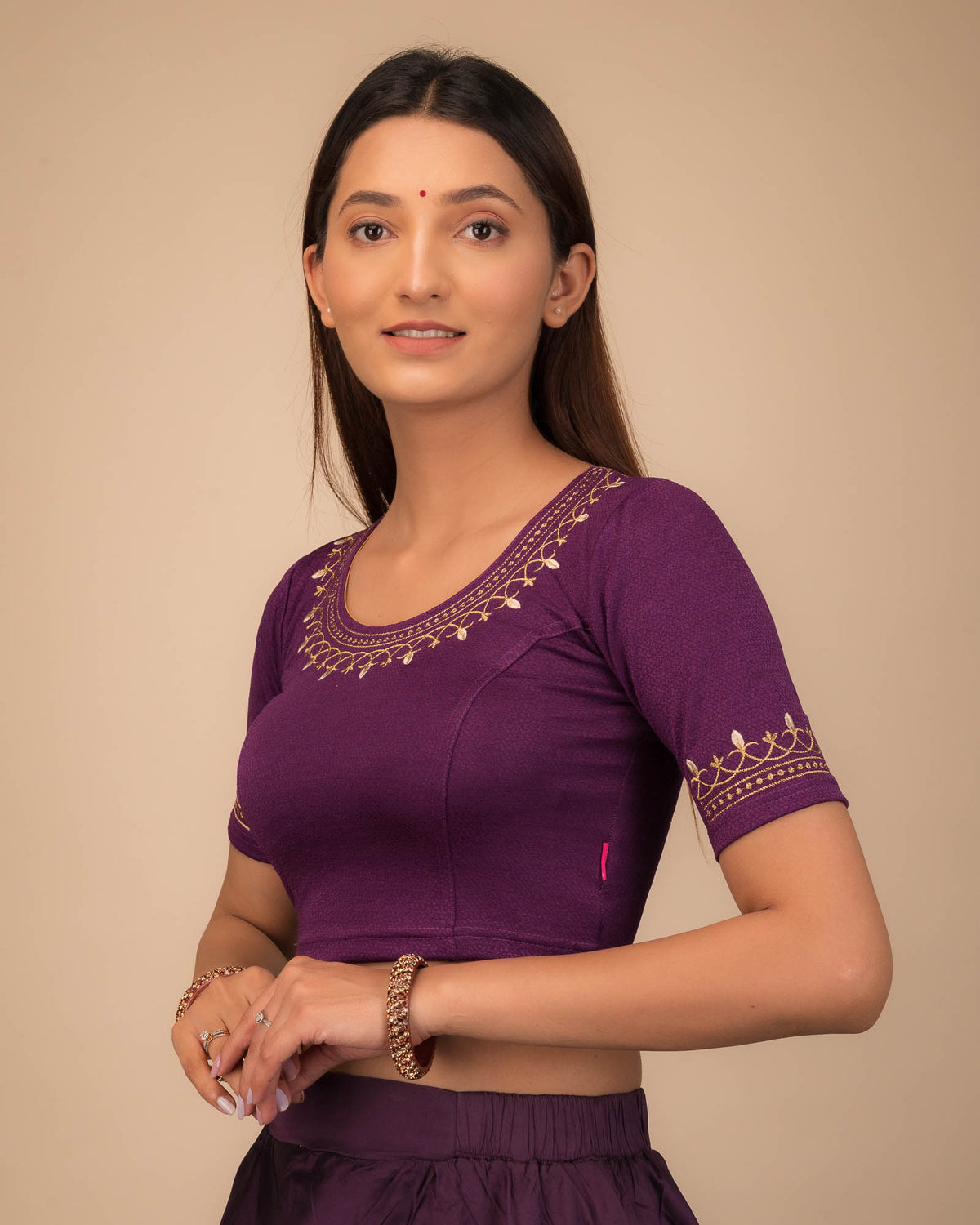 Jhankaar Purple Embroidered Round Neck Stretchable Blouse by Advi