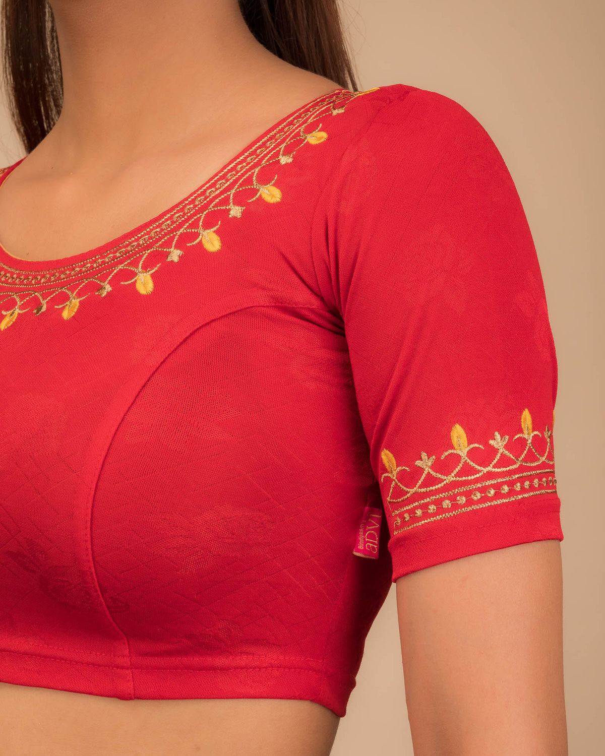 Jhankaar Red Embroidered Round Neck Stretchable Blouse by Advi