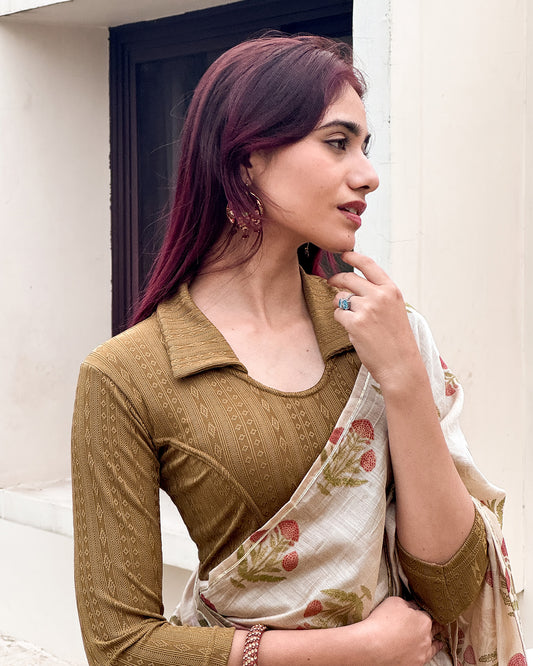 Rakhi Dark Gold Ikat Stripe Collar Long Sleeve Blouse advi