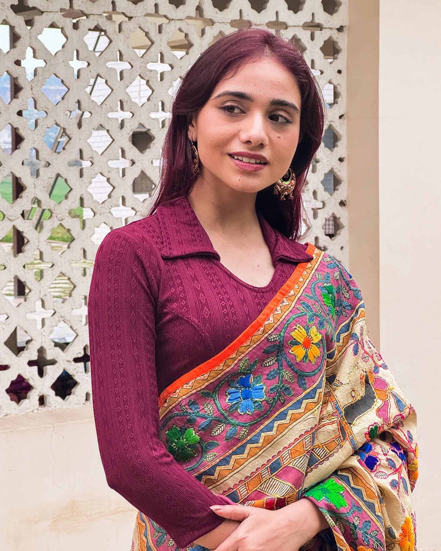 Rakhi Maroon Collar Long Sleeve Ikat Print Winter Blouse advi