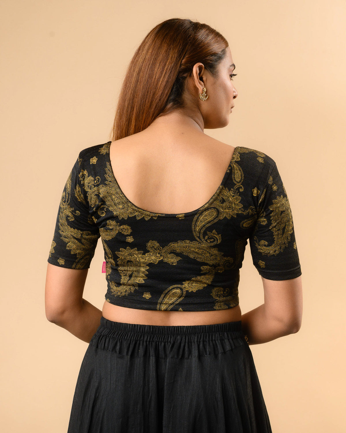 Keri black foil print deep round back blouse by Advi - back