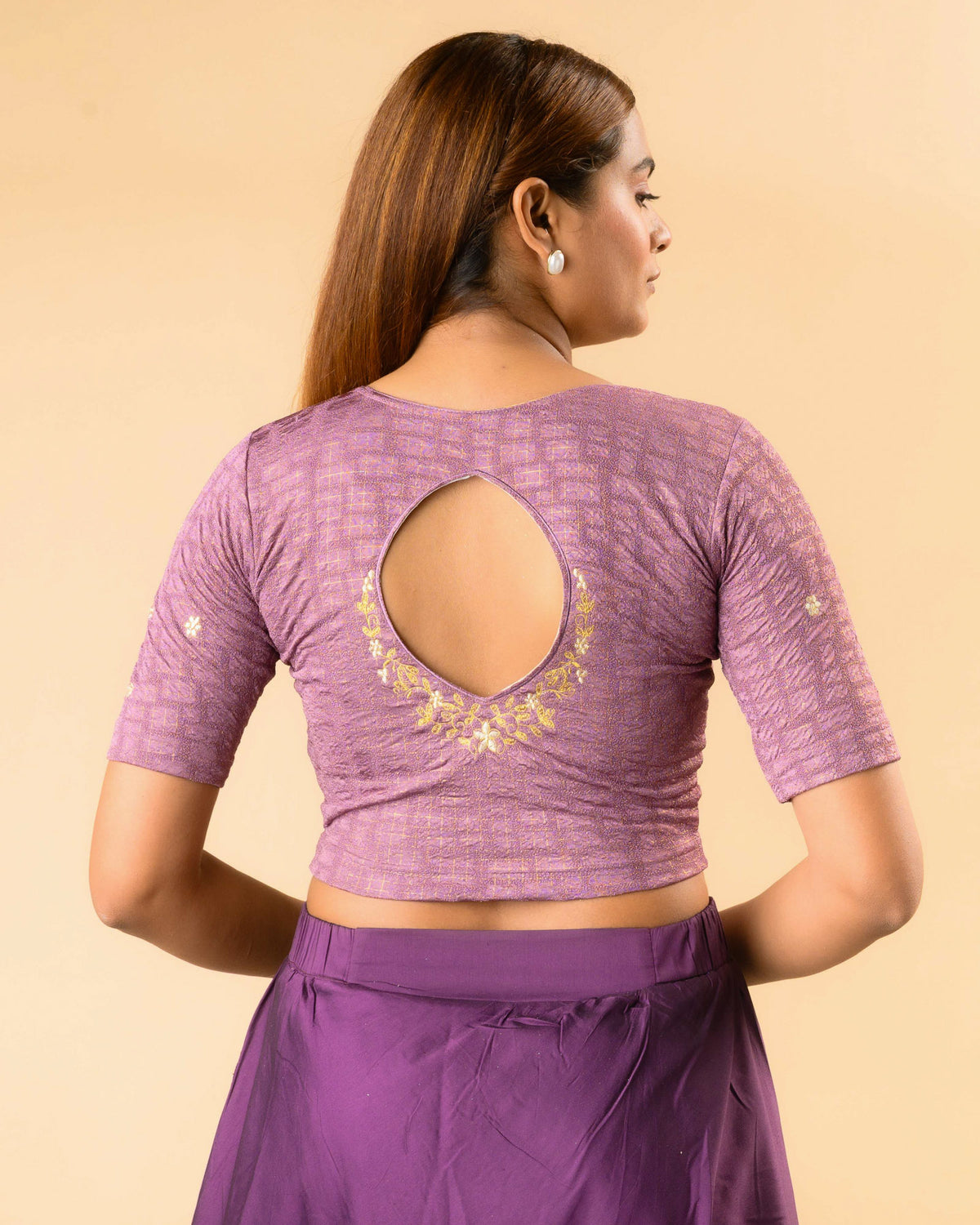 Yamini lavender blouse with teardrop keyhole and gold zari floral border by Advi - back