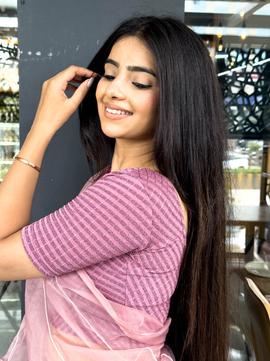 Amba Onion Pink Jacquard Blouse with Zari Stripes and Zig Zag by Advi