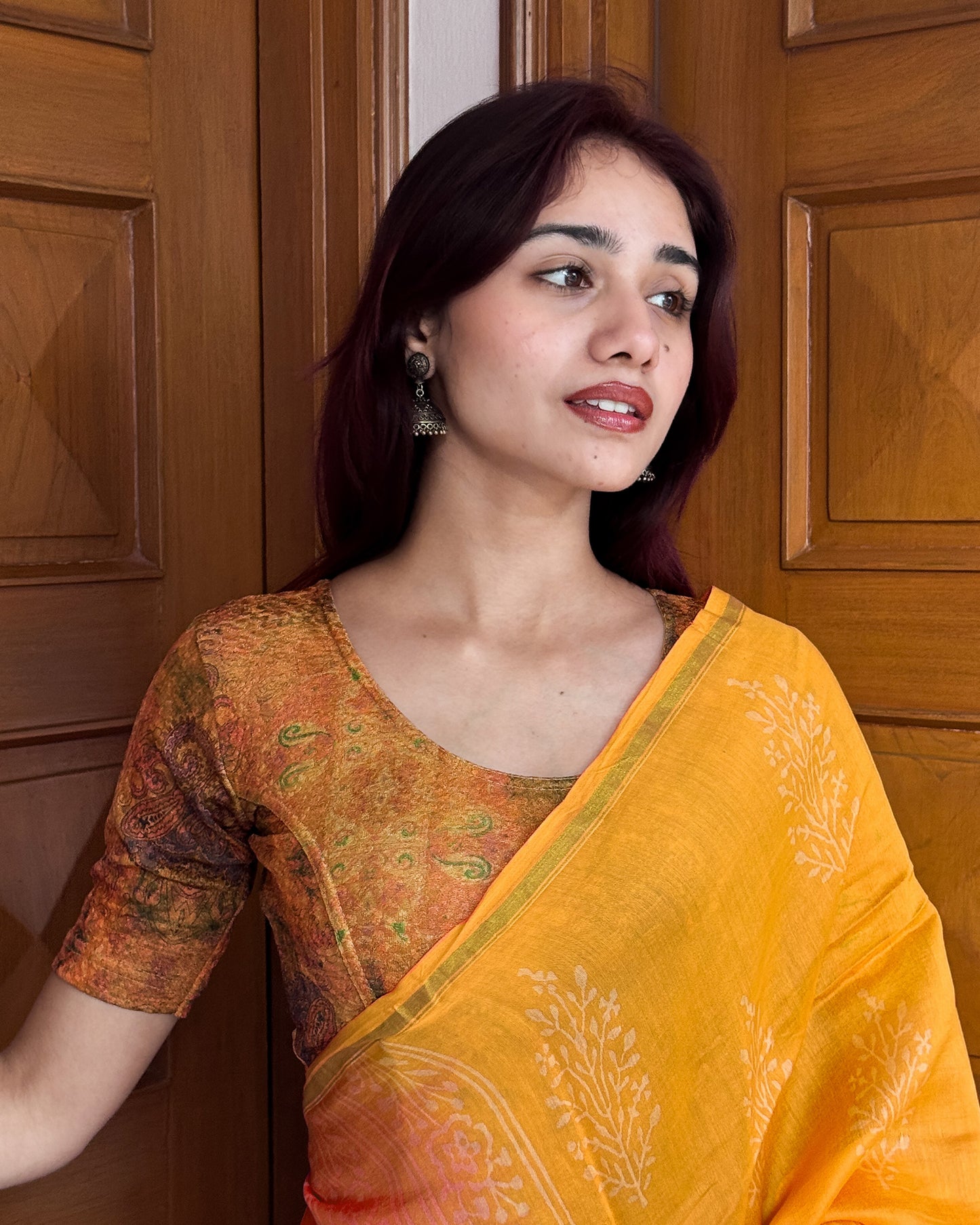 Baawri Orange Multicolour Print Saree Blouse with Golden Back Advi