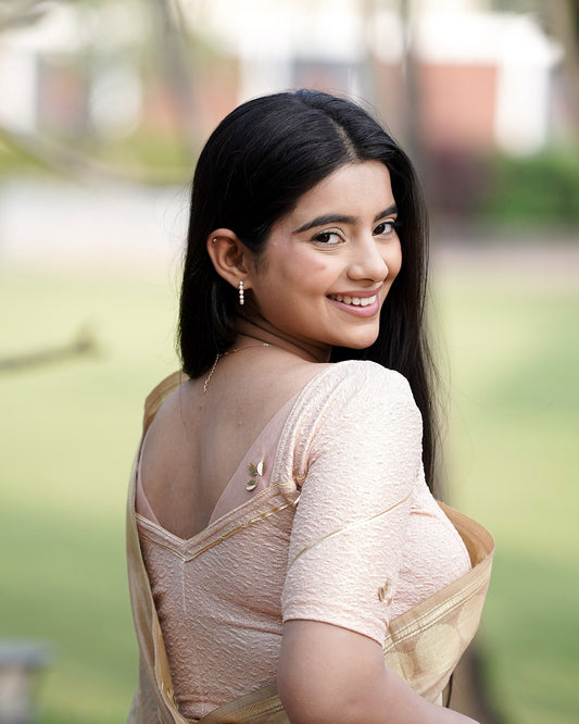 Mira Peach Tissue Zari Organza Panel Saree Blouse Advi