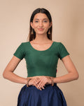 Dobby Bottle Green Jacquard Cotton Half Sleeve Slip On Blouse by Advi