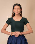 Dobby New Bottle Green Half Sleeve Cotton Jacquard Blouse by Advi