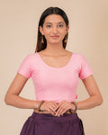 Dobby Baby Pink Cotton Half Sleeve Blouse with Jacquard Texture by Advi