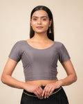 Dobby Dark Grey Half Sleeve Cotton Jacquard Stretchable Blouse by Advi