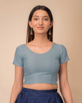 Dobby Grey Cotton Jacquard Half Sleeve Stretchable Blouse by Advi