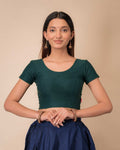 Dobby Rama Green Cotton Half Sleeve Self Design Slip On Blouse by Advi