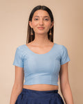 Dobby Sky Blue Self Design Half Sleeve Cotton Slip On Blouse for Everyday by Advi