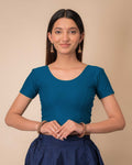 Dobby Teal Blue Half Sleeve Cotton Slip On Jacquard Stretch Blouse by Advi