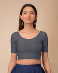 Dobby Dark Grey Self Design Cotton Elbow Sleeve Blouse by Advi