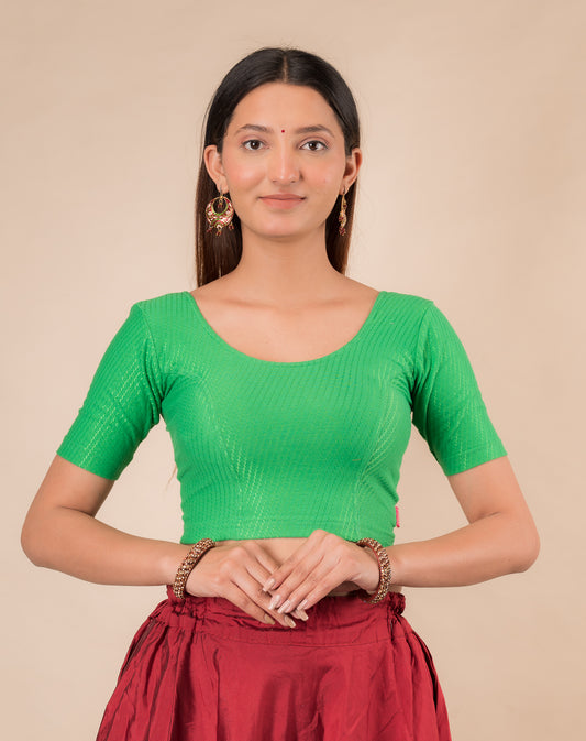 Dobby Parrot Green Cotton Jacquard Elbow Sleeve Blouse by Advi