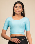 Dobby Powder Blue Cotton Elbow Sleeve Stretchable Blouse by Advi