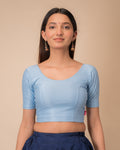 Dobby Sky Blue Textured Cotton Elbow Sleeve Stretchable Blouse by Advi