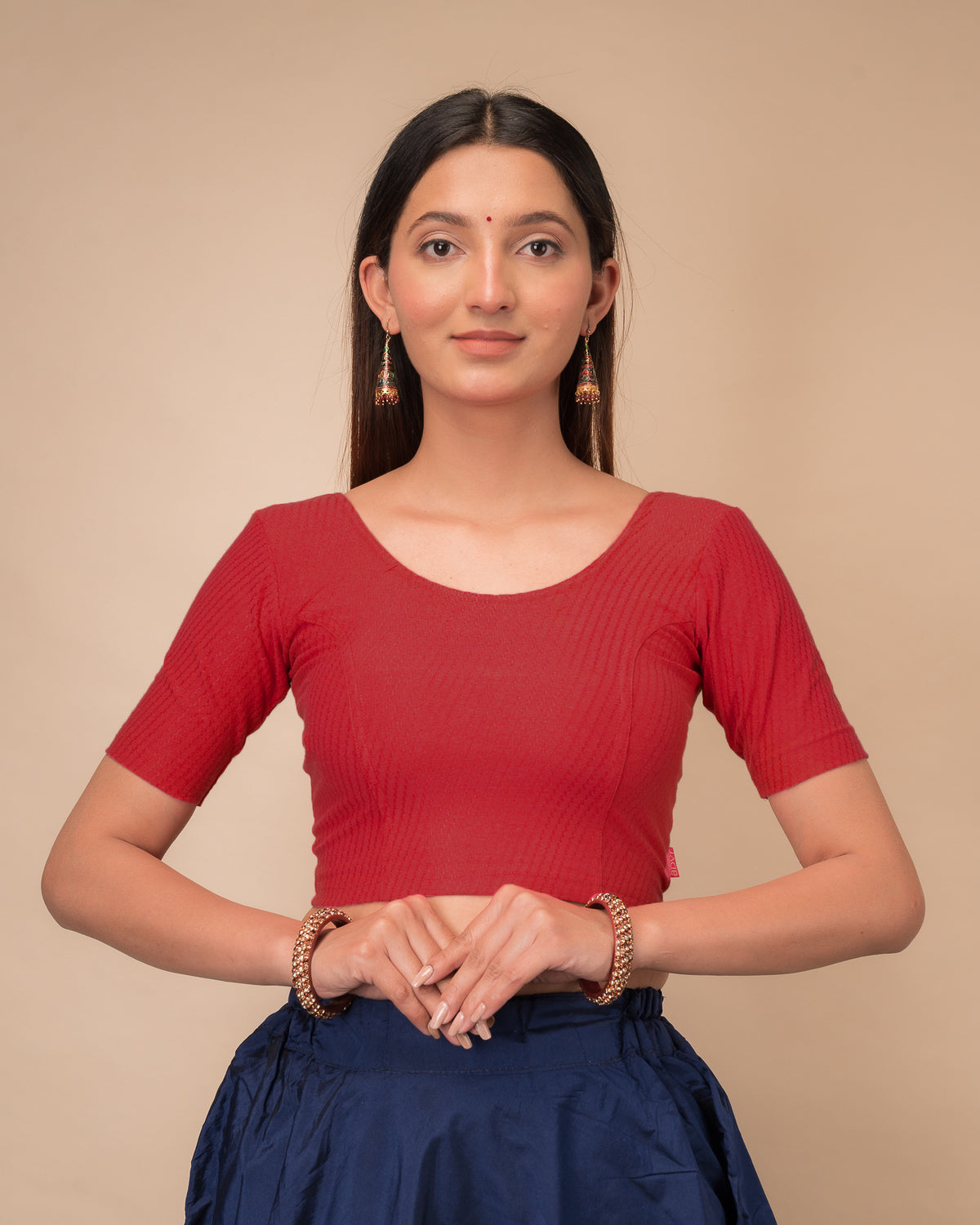 Dobby Tomato Cotton Jacquard Elbow Sleeve Blouse by Advi