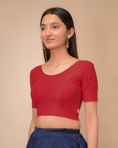 Dobby Tomato Cotton Jacquard Elbow Sleeve Blouse by Advi