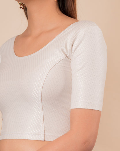 Dobby Off White Cotton Jacquard Elbow Sleeve Blouse by Advi