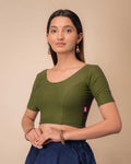 Dobby Mehendi Cotton Jacquard Elbow Sleeve Slip On Blouse by Advi