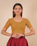 Dobby Mustard Cotton Elbow Sleeve Stretchable Round Neck Blouse by Advi