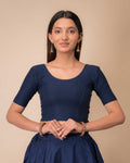 Dobby Navy Cotton Elbow Sleeve Slip On Jacquard Blouse by Advi