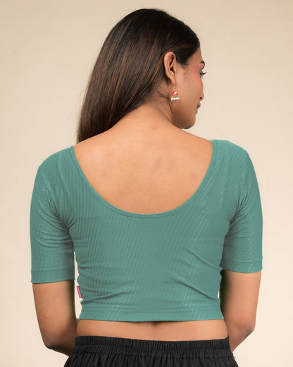 Dobby Olive Cotton Elbow Sleeve Stretchable Blouse by Advi