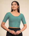 Dobby Olive Cotton Elbow Sleeve Stretchable Blouse by Advi