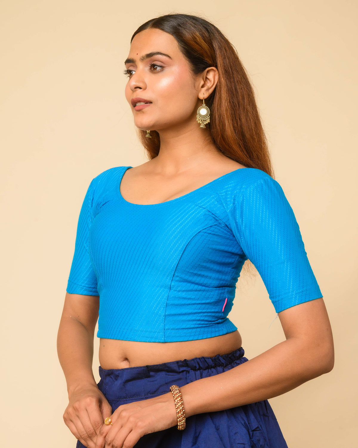 Dobby Teal Blue Cotton Jacquard Elbow Sleeve Blouse by Advi