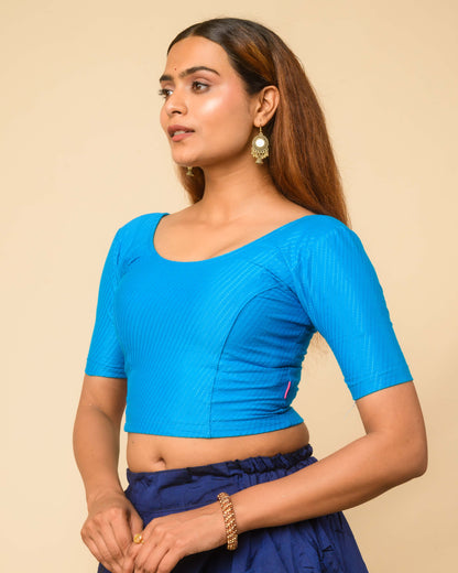 Dobby Teal Blue Cotton Jacquard Elbow Sleeve Blouse by Advi