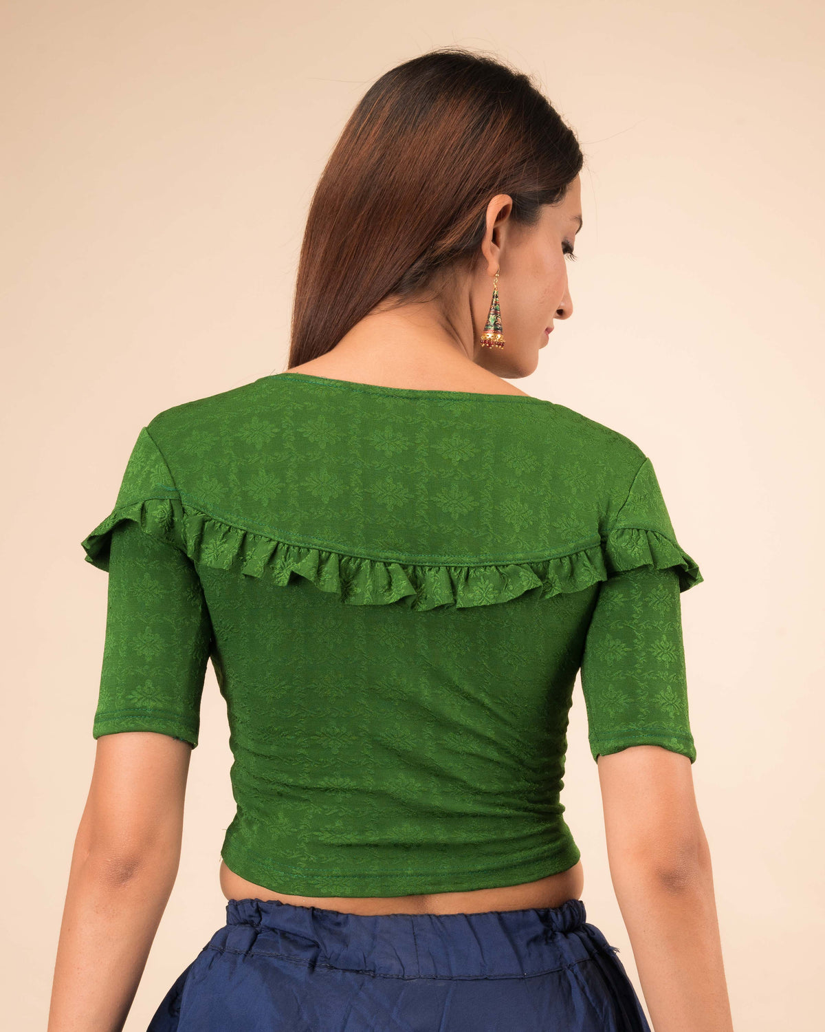 Mohini Green Ruffle Sleeves and Back Stretchable Slip On Blouse by Advi