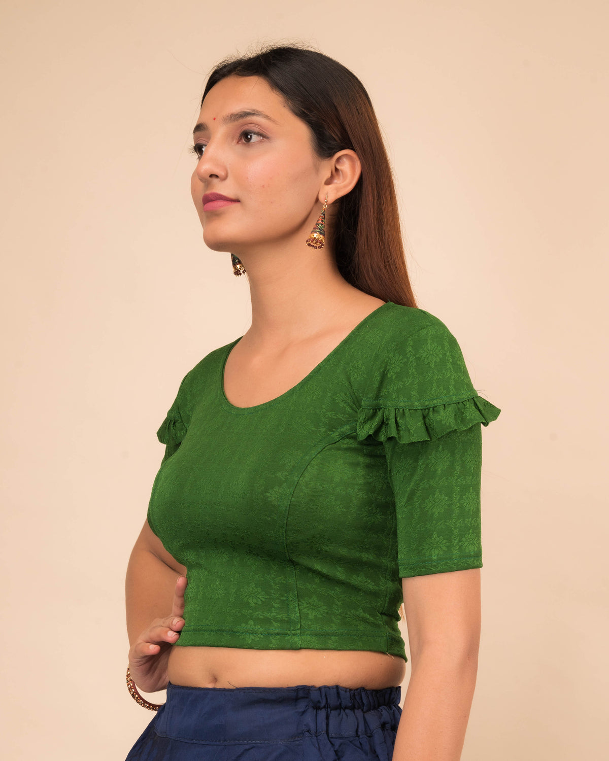 Mohini Green Ruffle Sleeves and Back Stretchable Slip On Blouse by Advi