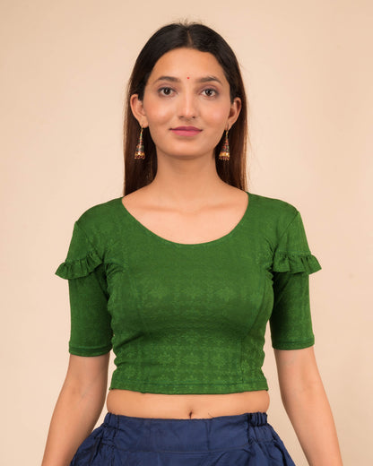 Mohini Green Ruffle Sleeves and Back Stretchable Slip On Blouse by Advi