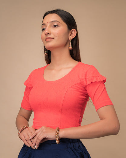 Mohini Tomato Ruffle Sleeves and Back Stretchable Slip On Blouse by Advi