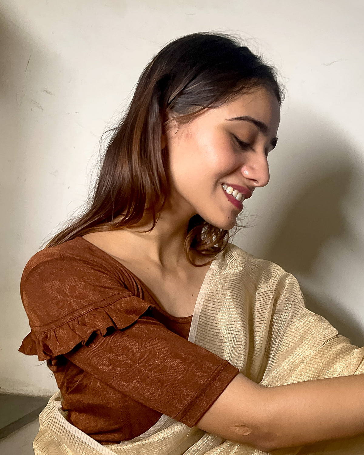 Mohini Coffee Ruffle Sleeves and Back Stretchable Slip On Blouse by Advi