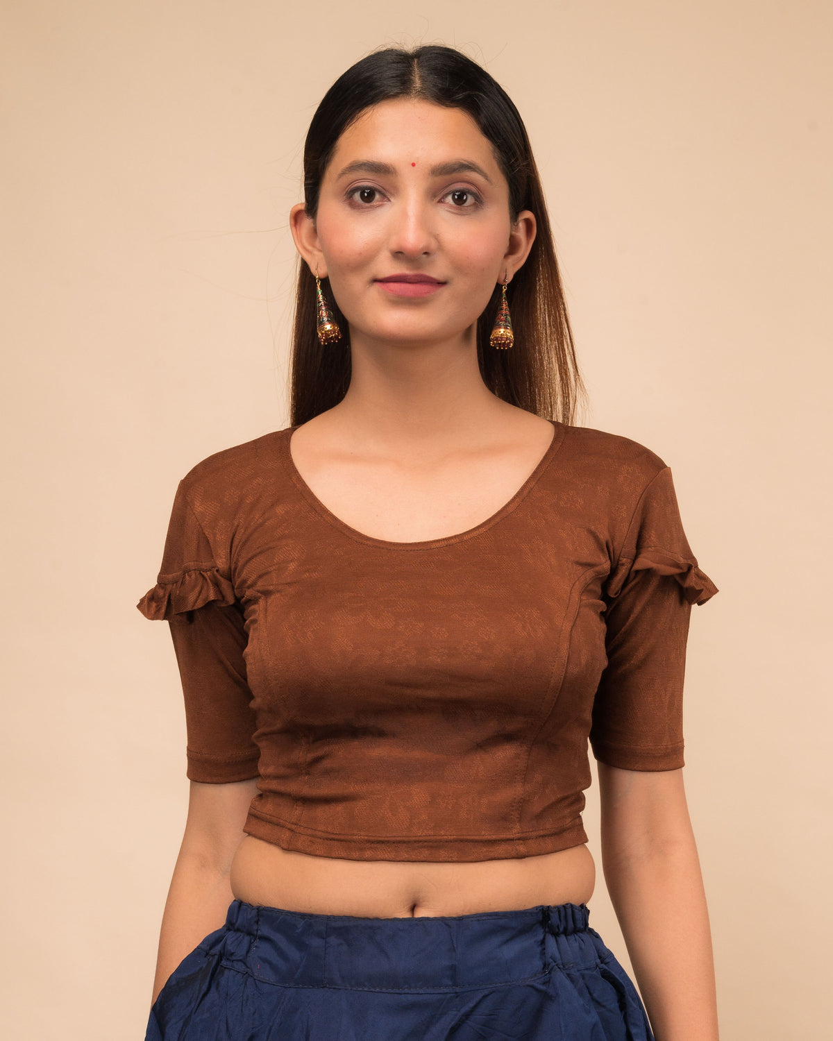 Mohini Coffee Ruffle Sleeves and Back Stretchable Slip On Blouse by Advi